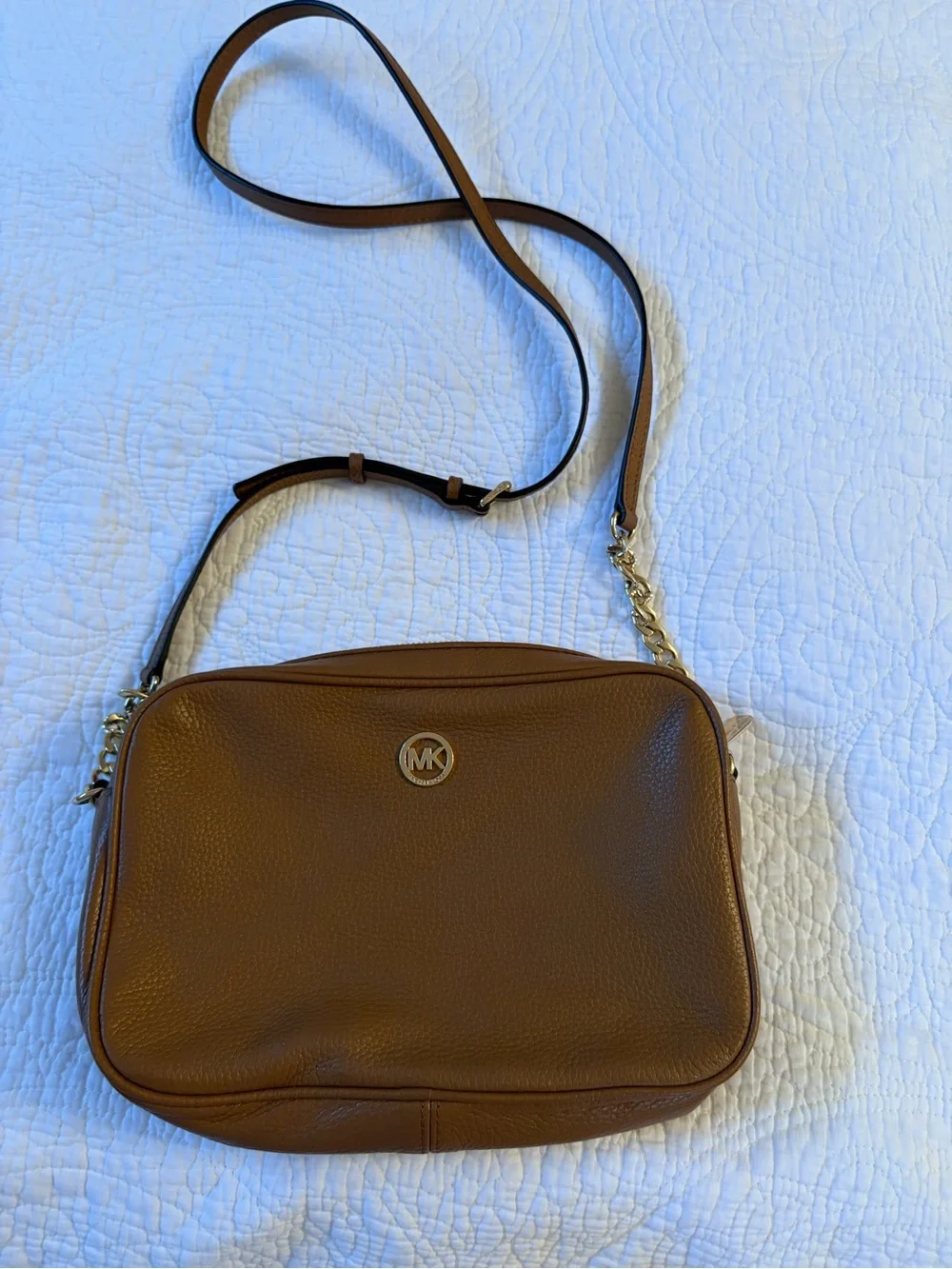 Michael Kors Cognac Pebbled Leather Crossbody with Gold MK Emblem